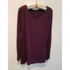 Blue Fish Womens Long Sleeve Top Tunic Red Blue Striped Semi-Sheer Cotton Casual